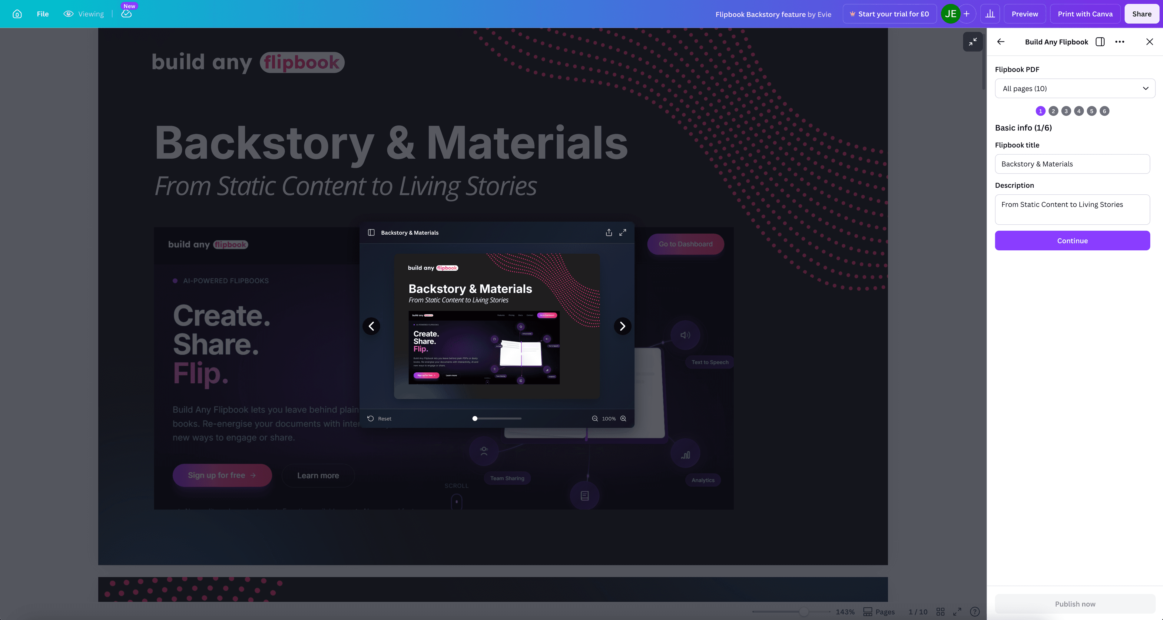 Build Any Flipbook app open inside Canva, showing the publish wizard sidebar alongside a Canva design